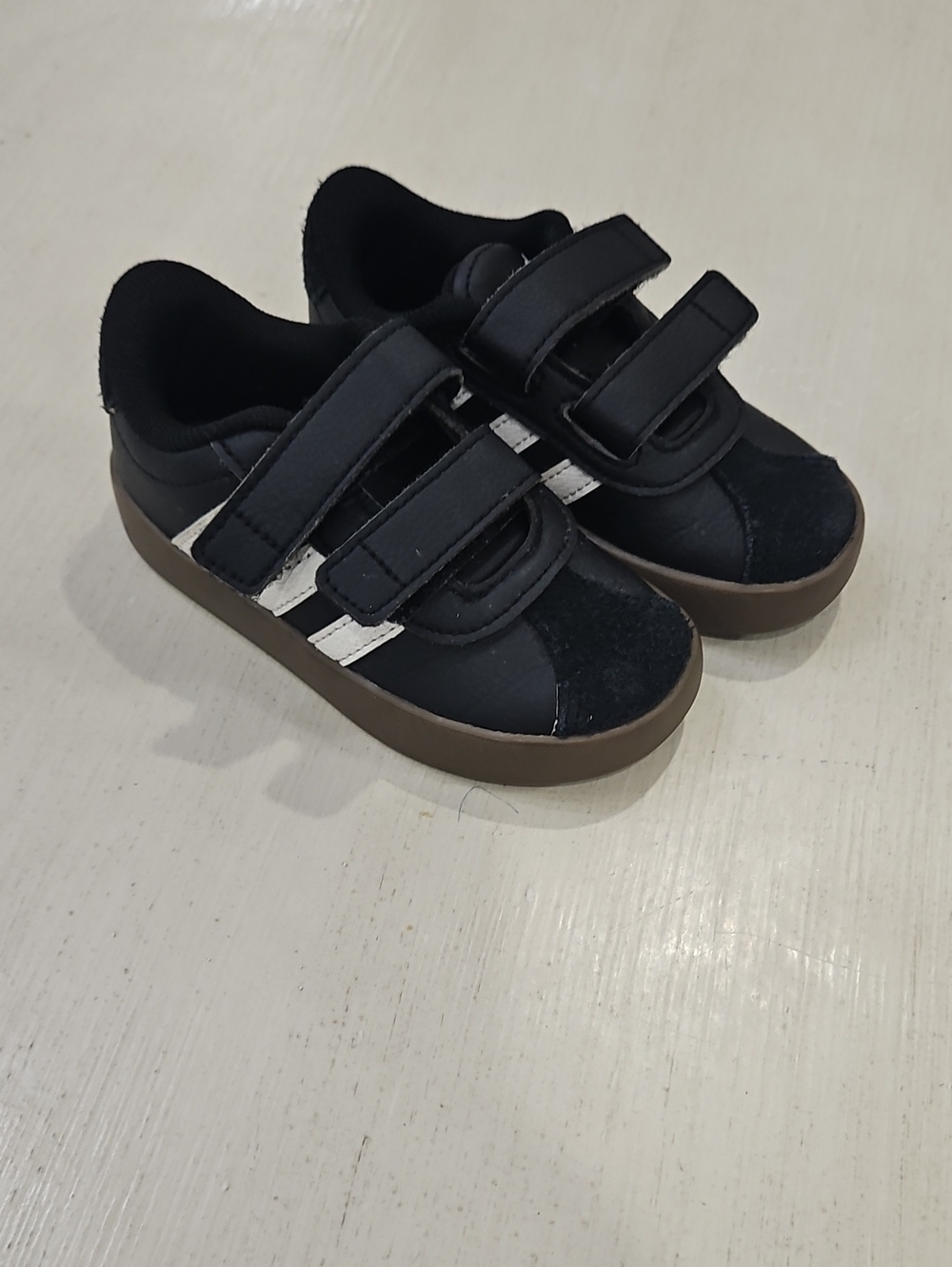 adidas Kids Black Sneakers with White Stripes and Brown Sole